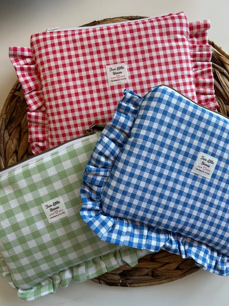 Gingham Ruffle Zipper Clutch