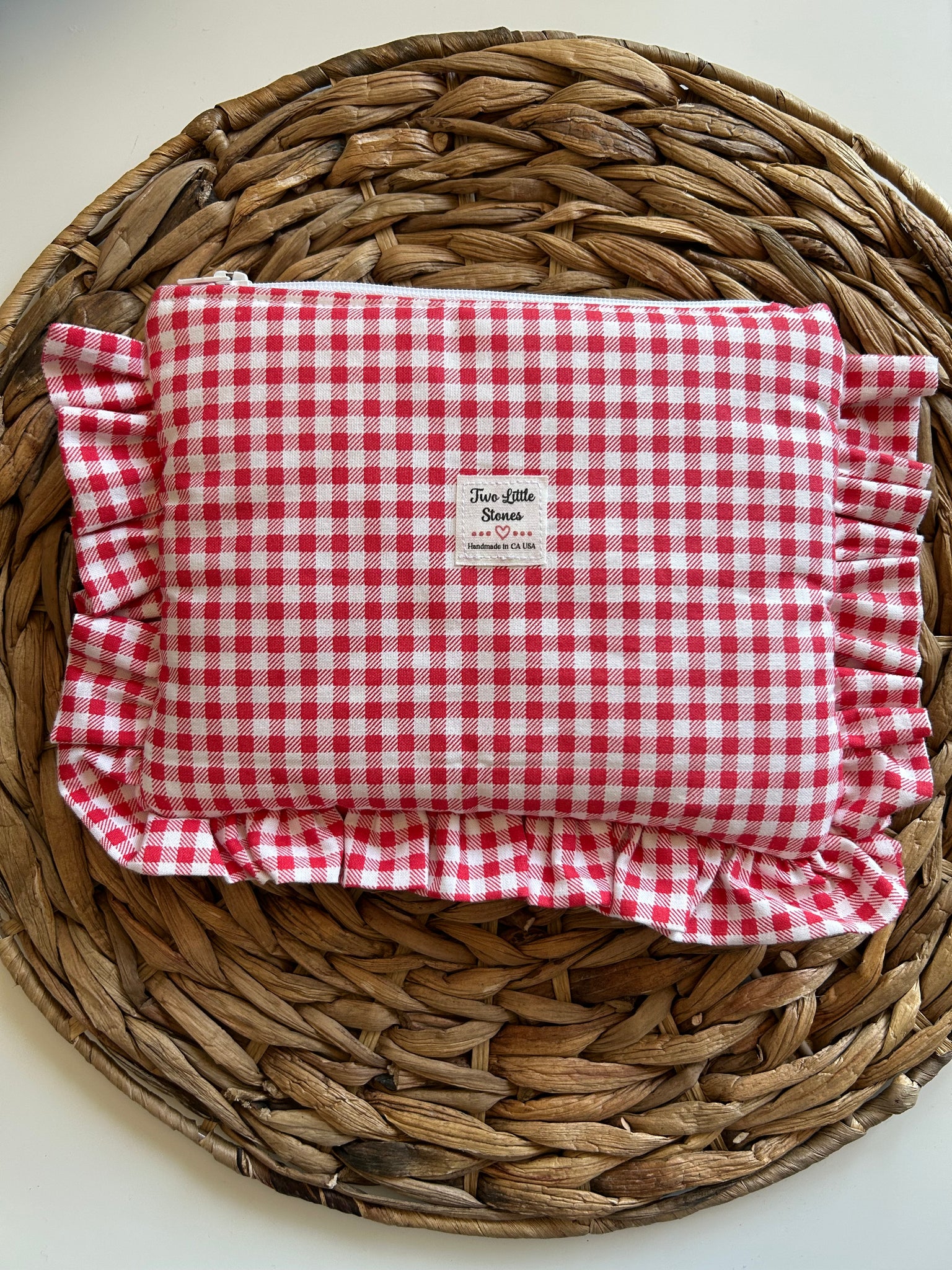 Gingham Ruffle Zipper Clutch