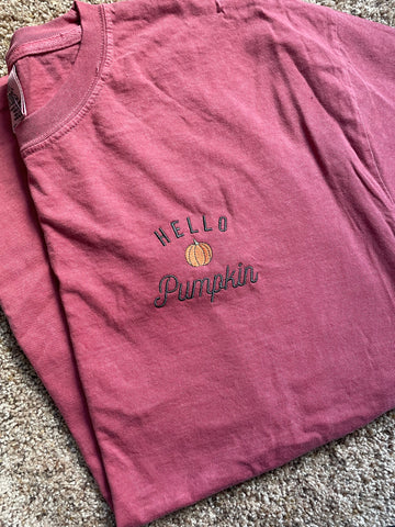 Hello Pumpkin Embroidered T Shirt (Brick Red)